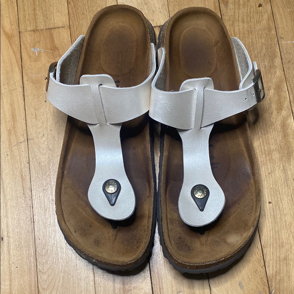 Birkenstock White Leather T-Strap Toe-Post Sandals